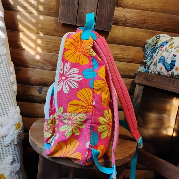 Vintage OP Bright Flowers Backpack Canvas Pink Blue Orange Happy Floral - Picture 4 of 10
